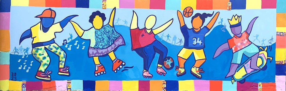 Œuvre collective de street art réalisée par des enfants lors d'un atelier fresque murale